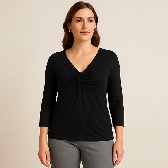 BANANA REPUBLIC Black Stretch Gathered V-Neck Top Business Casual L - Picture 1 of 12